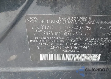 2013 Hyundai Sonata Limited 2.0T z USA, uszkodzony, nr VIN 5NPEC4AB1DH636469